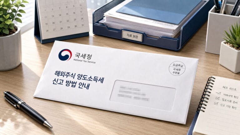 국세청에서 보내온 해외주식양도소득 신고 방법 안내서 우편물이 책상위에 놓여있다