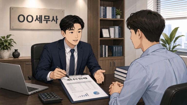 세무사와 해외 주식 양도세 상담하는 모습. 테이블 위에 해외 주식 양도세율 표가 보인다