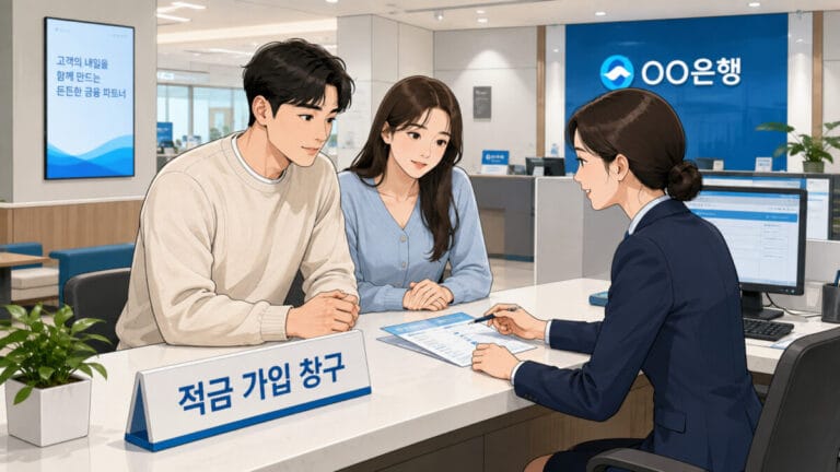 은행 창구에서 적금 추천 받고 있는 부부의 모습