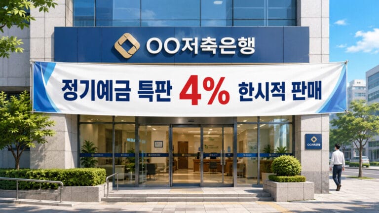 저축은행 앞에 저축은행 예금 특판 플랜카드가 걸려있다