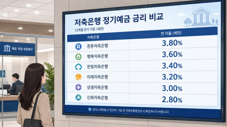 은행 게시판에 저축은행 금리 비교 리스트가 있고 한 여성이 보고 있다