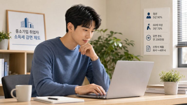 청년 남성이 노트북 앞에서 중소기업 소득세 감면 대상인지 조회하고 있다