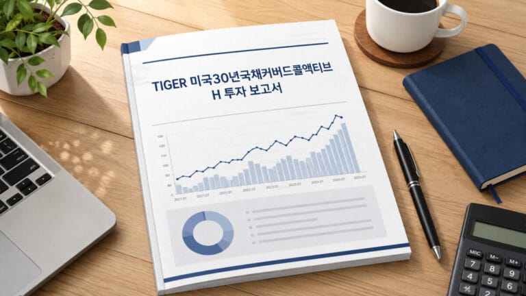 책상위 서류 하나가 보인다. 제목에 TIGER 미국30년국채커버드콜액티브 H 투자보고서라고 적혀있다
