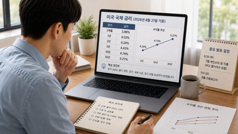 노트북을 보면서 미국 국채 금리 분석을 하고 있는 남성투자자