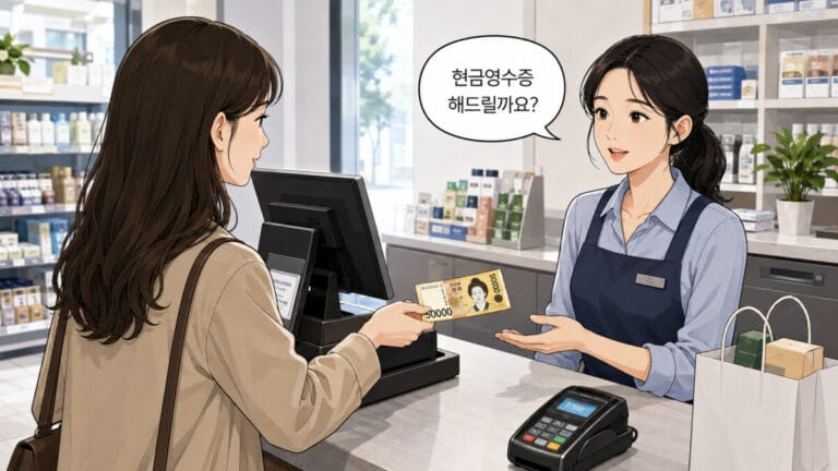 현금영수증 하는이유 : 점원이 손님에게 현금영수증 유무를 묻고 있다