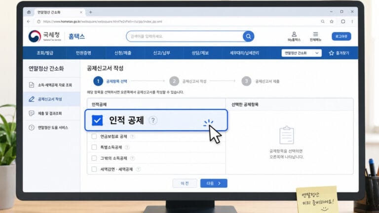 홈텍스 연말정산 간소화 신청에서 인적 공제 신고 작성란이 보인다