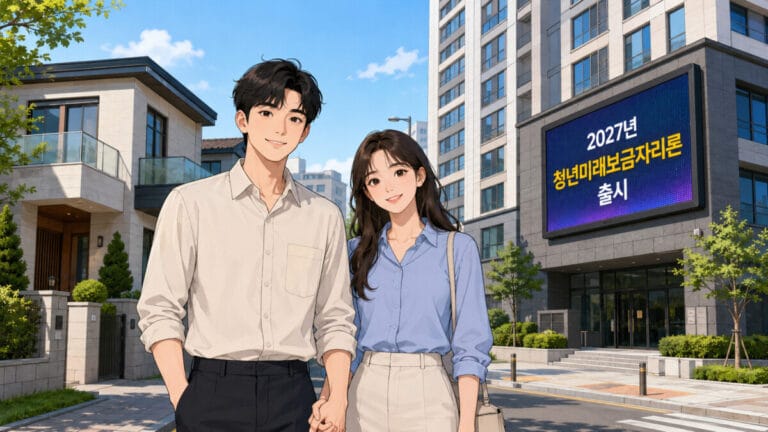 젊은 남여가 빌라와 오피스텔 건물 앞에 서있고, 건물 전광판에 '청년미래보금자리론 출시'라고 적혀있다