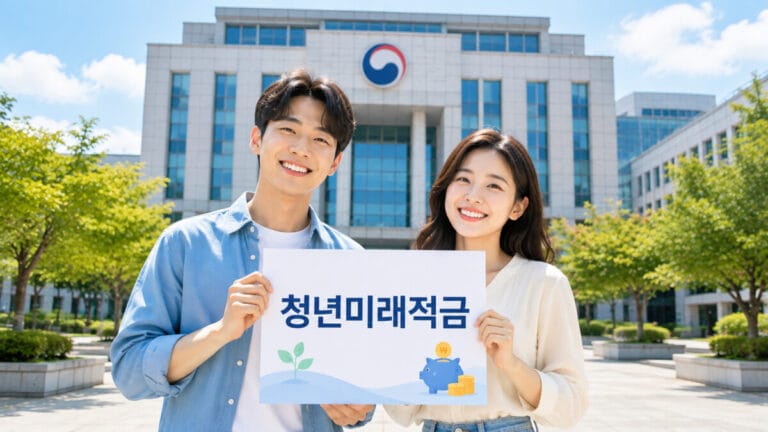 청년미래적금 가입 조건이 되는 남여 청년 2명이 정부기관 앞에서 '청년미래적금'이란 폿말을 들고있다
