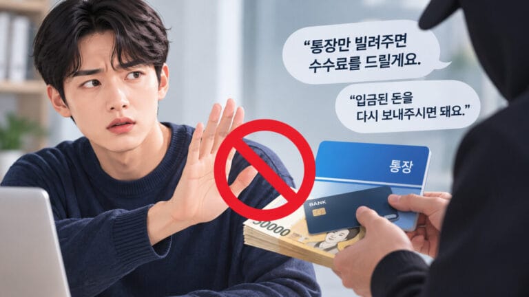 대포통장 권유를 받고 거절하는 남성. 금지 표시가 보인다.