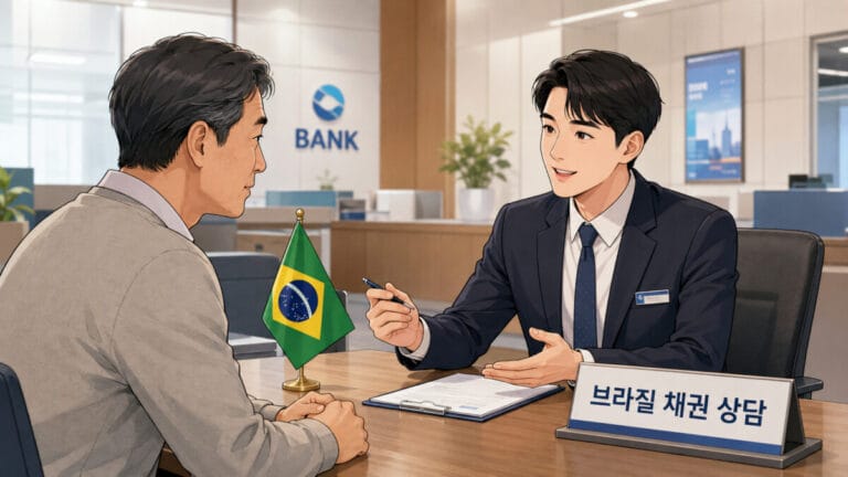 은행에서 브라질 채권 상담을 하고 있는 중년 남성과 남성 은행원