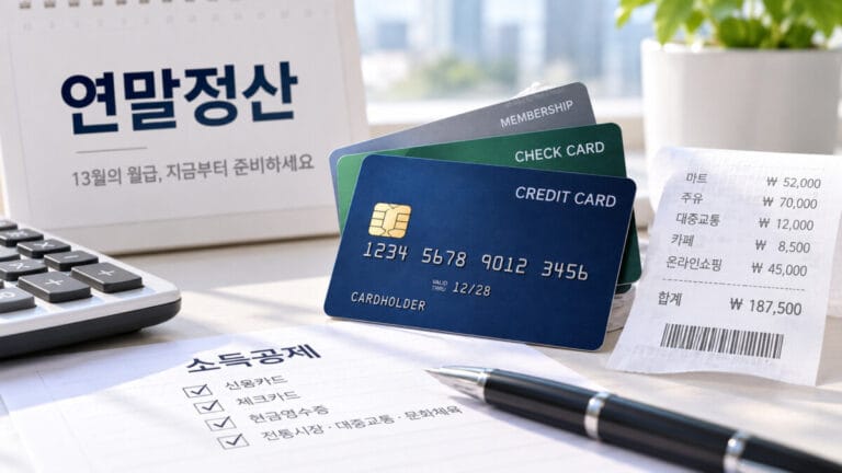 신용카드, 영수증, 계산기가 책상에 놓여있고 신용 카드 소득 공제 항목이 적혀있다