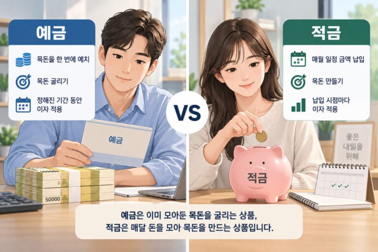 젊은 남자와 여자가 예금 적금 차이를 설명하기 위해 대칭으로 비교화면이 보인다