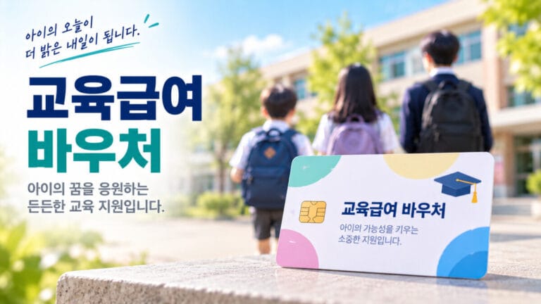 아이들 3명이 학교가는 배경으로 '교육 급여 바우처' 카드가 있다.
