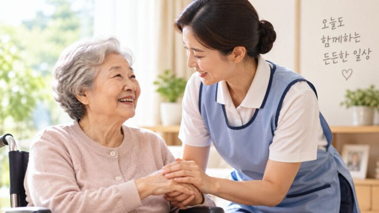 노인 장기 요양 보험에 가입한 노인이 요양사와 손잡고 웃고있다