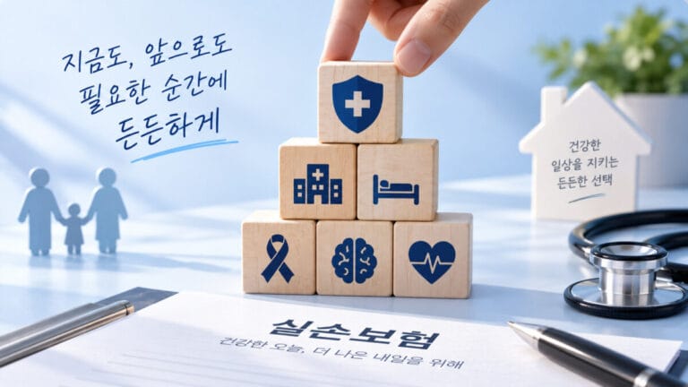 5세대 실손보험 보장을 의미하는 블록 6개가 3단으로 쌓고 있는 손이 보인다.