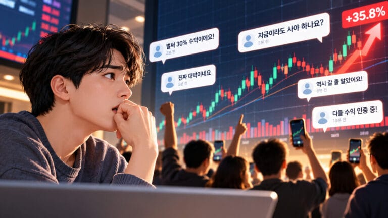 주식 상승장에 환호하는 사람들을 바라보고 FOMO 뜻을 생각하고 있는 투자자의 모습