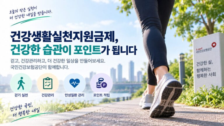 산책로를 걷고 있는 여성의 발이 보이고 '건강생활실천지원금' 텍스트가 보인다.