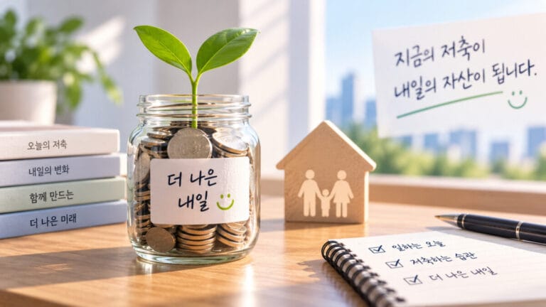 유리병 안에 동전이 가득차있고, 새싹이 피어있다. 배경으로 희망저축계좌 체크리스트가 보인다.