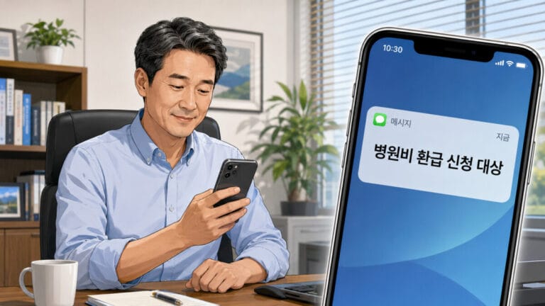 중년 남성이 스마트폰을 보고 있고, 스마트폰에는 병원비 환급 조회 대상임을 알리는 메시지가 와있다.
