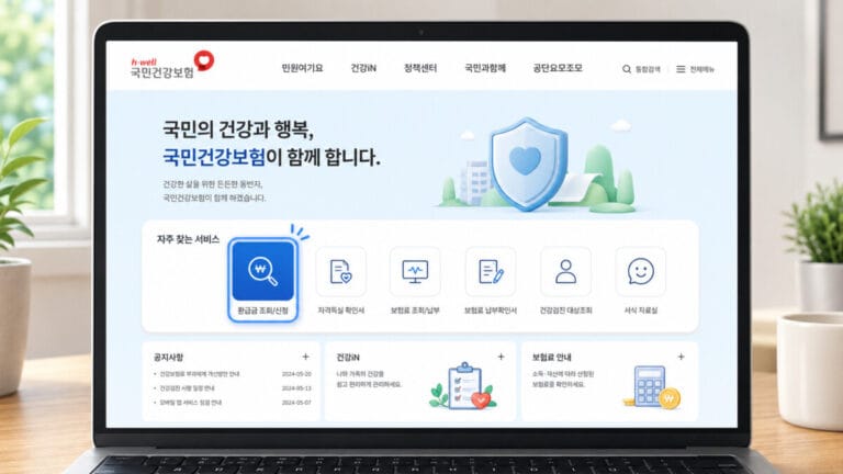 건강보험공단 홈페이지 메인화면에 병원비 환급 조회 버튼이 활성화 되어 있다
