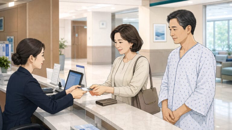 병원 원무과에서 병원비 환급 절차를 문의하는 중년 여성과 환자복을 입은 남성이 서 있다.