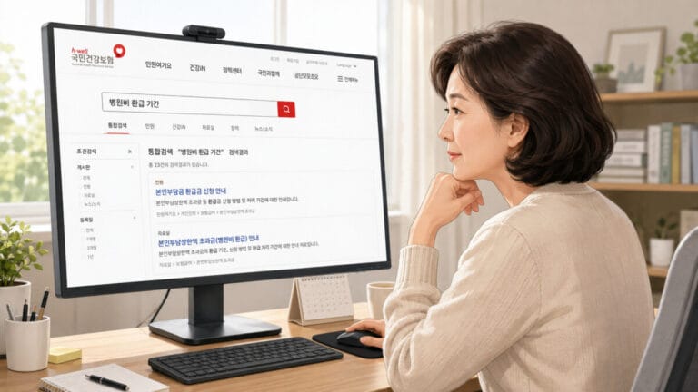 중년여성이 PC로 병원비 환급 기간을 ㅈ회하고 있다