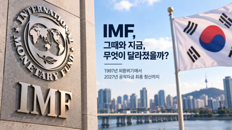 IMF 로고와 태극기가 나란히 보인다. 배경은 서울 한강이 보인다.
