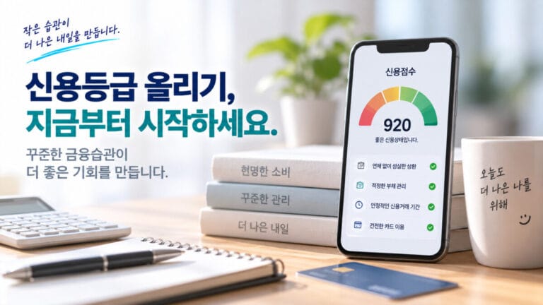 스마트폰에 신용점수 그래프가 보이고 뒤에 책 3권이 있다. 배경 텍스트로 '신용등급 올리기, 지금부터 시작하세요.'라고 적혀있다.