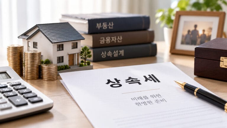 책상위에 상속 세율 계산을 위해 계산기와 집 모형, 상속세 관련 문서와 책이 놓여있다.