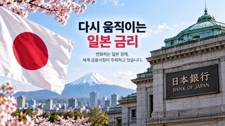 후지산을 배경으로 일본 국기와 일본 은행이 보이고 '다시 움직이는 일본 금리 인상'이라는 텍스트가 보인다.