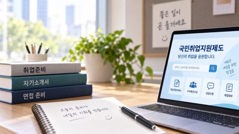 노트북에 국민취업센터 구직 촉진 수당 화면이 있고, 옆에 책과 노트가 놓여있다