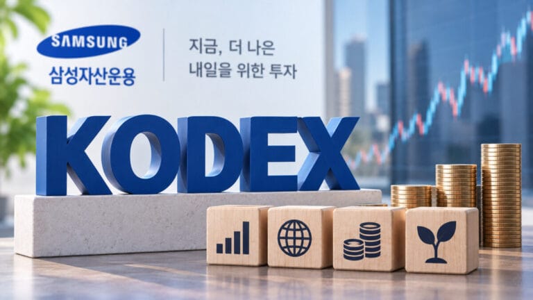 삼성자산운용 배경으로, KODEX ETF 3D 텍스트가 있고, 동전이 높게 쌓여있다.