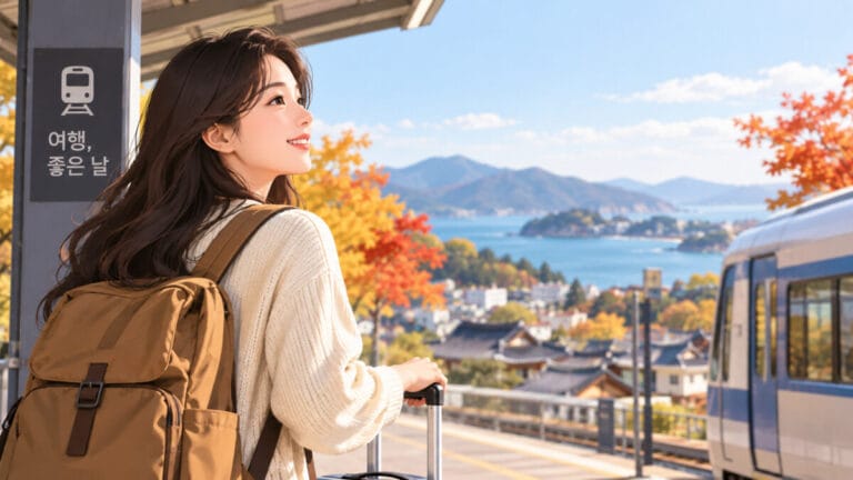 한 여성이 바닷가가 보이는 여행지를 숙박세일페스타 이벤트를 활용해 여행하고 있다.