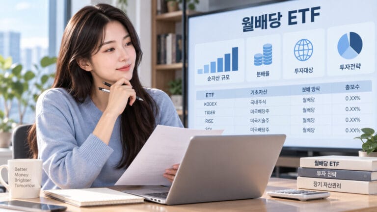 국내 월배당 etf 순위 기준을 모니터로 보고 있는 여성