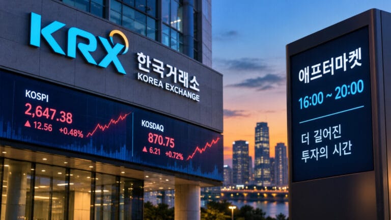 밤을 배경으로 한국거래소 KRX 건물앞 게시판에 애프터마켓 거래시간 안내가 나오고있다.