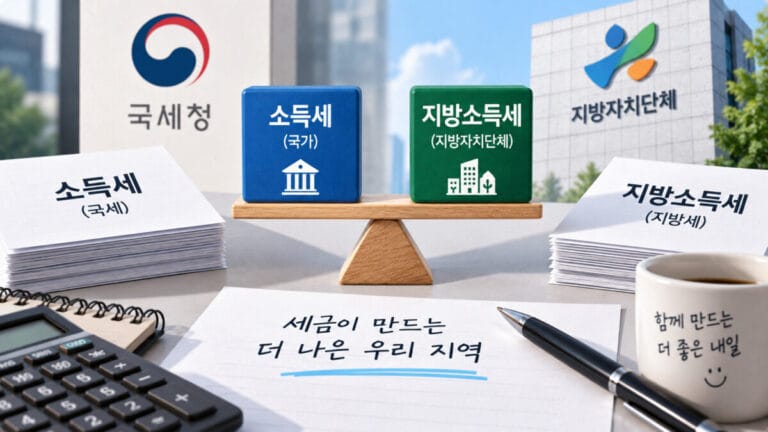 소득세와 지방소득세가 저울위에 놓여있고, 국세청로고와 자치단데 로고가 보인다.