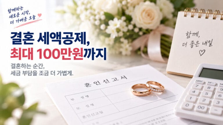 혼인신고서와 결혼 반지가 보이고, 옆에 계산기가 있다. 배경 택스트로 '결혼 세액공제, 최대 100만원가지'라고 적혀있다.