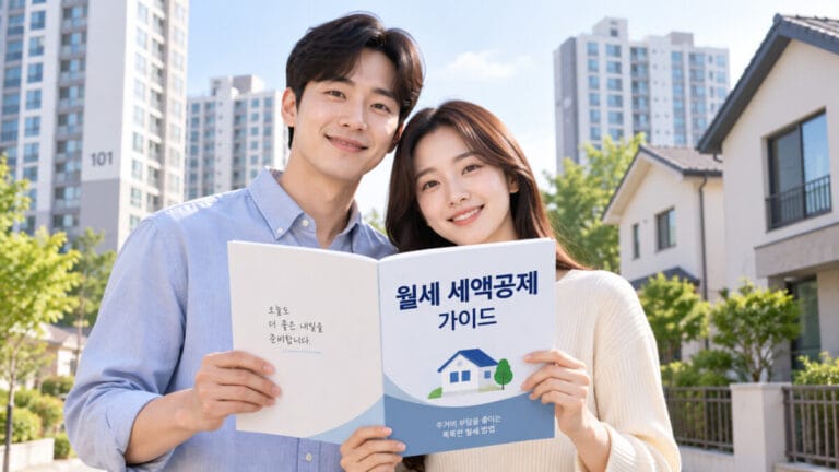 아파트와 주택을 배경으로 신혼부부가 월세 세액공제 가이드를 들고 있다