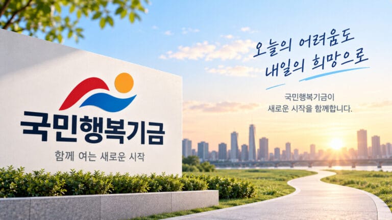도시와 같을 배경으로 국민행복기금 이름과 로고가 비석에 새겨져있다.