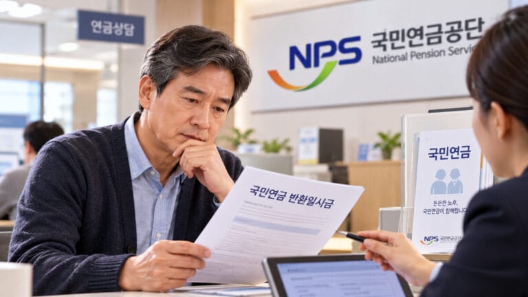 국민연금공단 연금상담실에서 국민연금 반환일시금 신청서를 보고 있는 중년남성