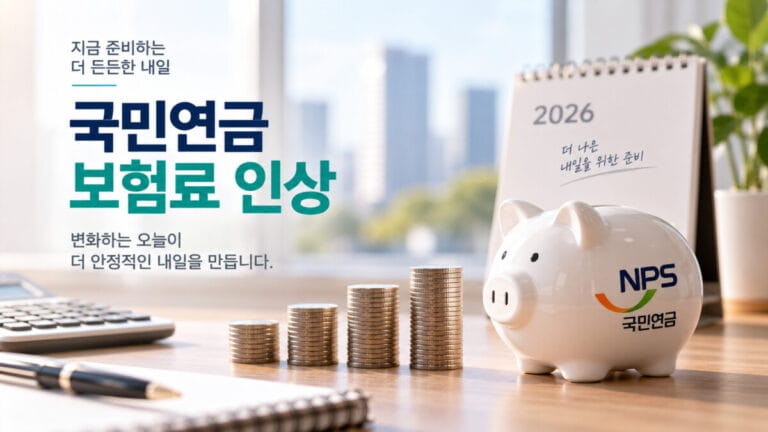 국민 연금 보험료 인상을 표현하는 동전과 돼지 저금통이 책상위에 놓여있다.