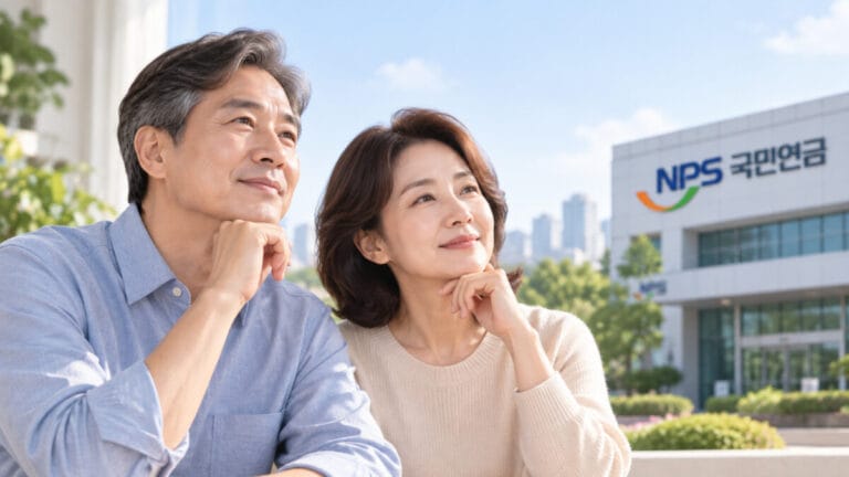 국민 연금 수령 나이를 고민하는 중년 부부. 뒷 배경에 국민연금공단 건물이 보인다.