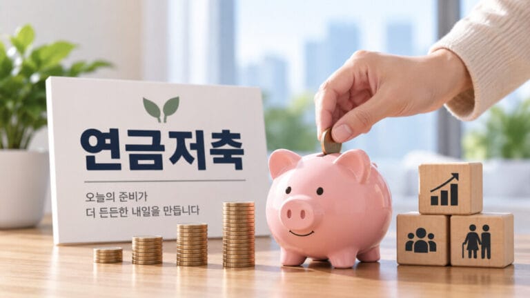 연금저축 계좌 앞에 동전이 쌓여 있고, 돼지 저금통에 돈을 넣고 있는 손이 보인다.