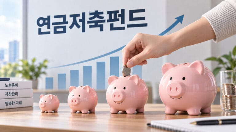 돼지저금통이 왼쪽에 작은것부터 오르쪽으로 점점 커지는 것이 있고, 뒤로 '연금저축펀드'라고 적혀있다