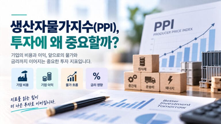생산자물가지수를 표현하는 공장, 회사 등의 아이콘과 나무 블록이 있고, PPI 상승 그래프가 배경으로 있다.