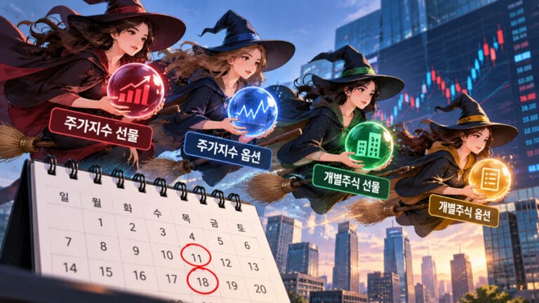 주가지수 선물, 옵션, 개별주식 선물, 옵션이라는 네 마녀의 날을 각각 들고 있는 네명의 마녀가 있다.
