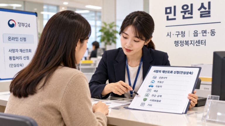 민원실에서 안심상속 원스톱서비스 설명을 듣고 있는 여성의 모습