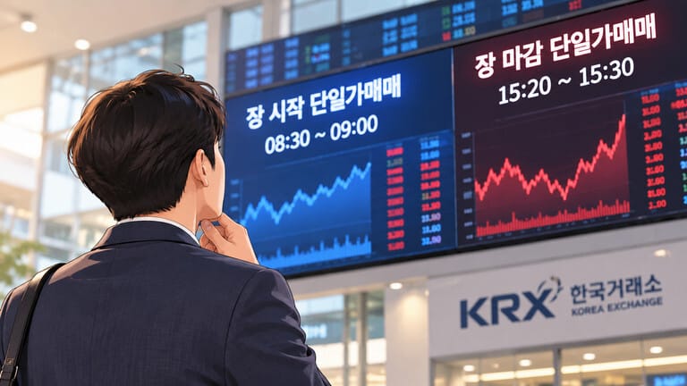 한 남성이 한국거래소 게시판에 장 시작과 마감 단일가 매매창을 보면서 동시호가 뜻을 되새기고 있다.