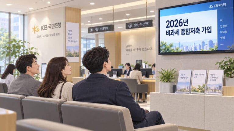 은행 대기실 전광판에 비과세 종합저축 가입 방법 안내가 나오고 사람들이 앉아서 보고 있다.