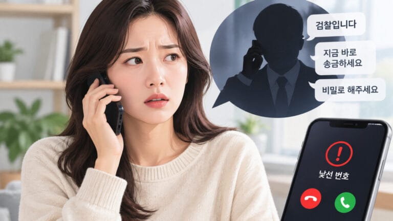 한 여성이 보이스피싱 전화를 받고 있다. 옆에는 스마트폰에 낮선번호로 전화가 걸려온 화면이 보인다.
